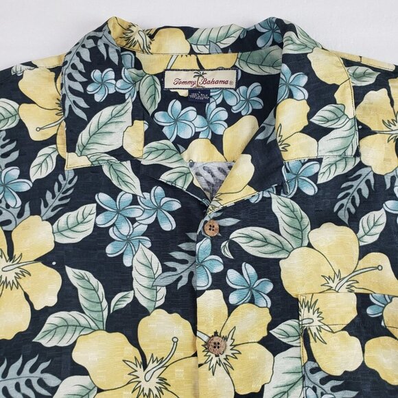 Tommy Bahama Silk Shirt Mens Large Black Yellow Flower Short Sleeve Button Front - Picture 2 of 9